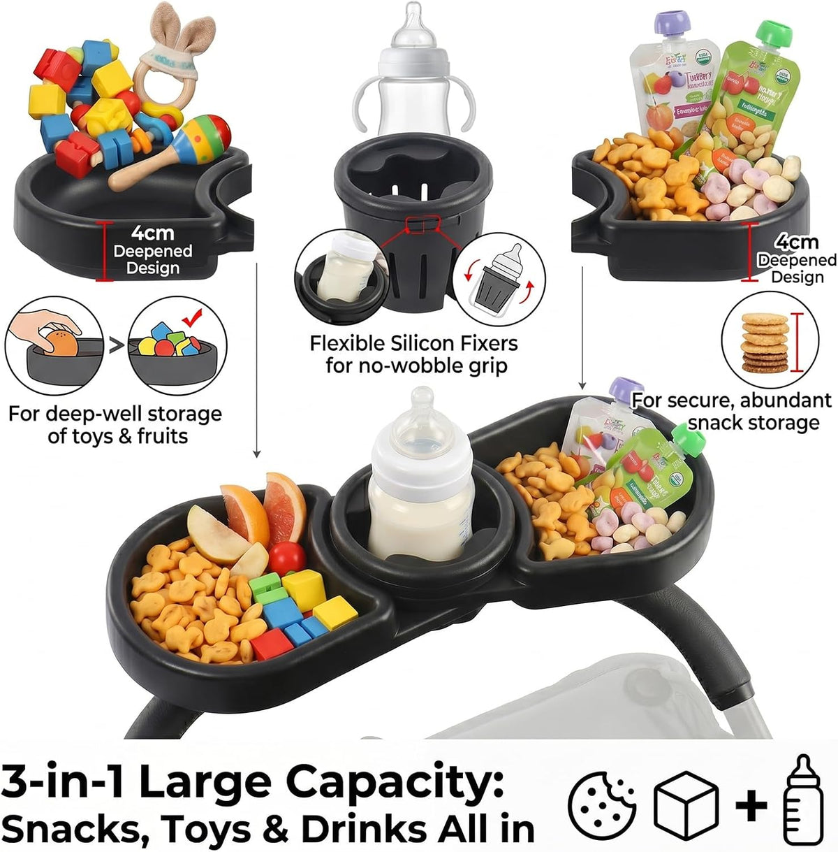 Universal Stroller Snack Tray Attachment | 3-in-1 Stroller Snack Tray with Deep Cup Holder | Compatible with Baby Jogger City Mini GT2 | BPA-Free Toddler Travel Accessories, Tool-Free Install