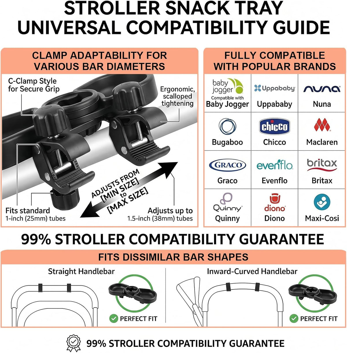 Universal Stroller Snack Tray Attachment | 3-in-1 Stroller Snack Tray with Deep Cup Holder | Compatible with Baby Jogger City Mini GT2 | BPA-Free Toddler Travel Accessories, Tool-Free Install