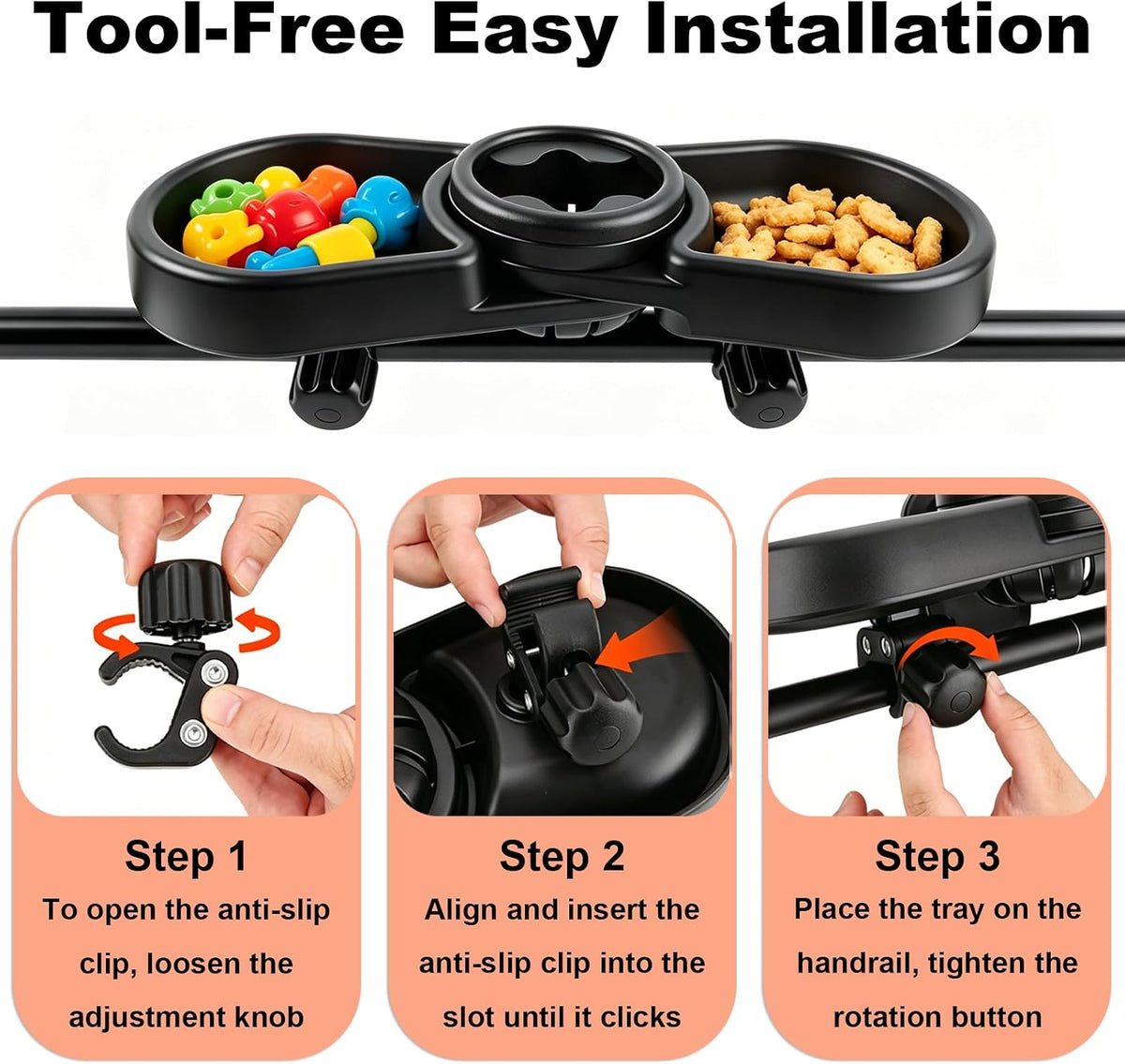 Universal Stroller Snack Tray Attachment | 3-in-1 Stroller Snack Tray with Deep Cup Holder | Compatible with Baby Jogger City Mini GT2 | BPA-Free Toddler Travel Accessories, Tool-Free Install