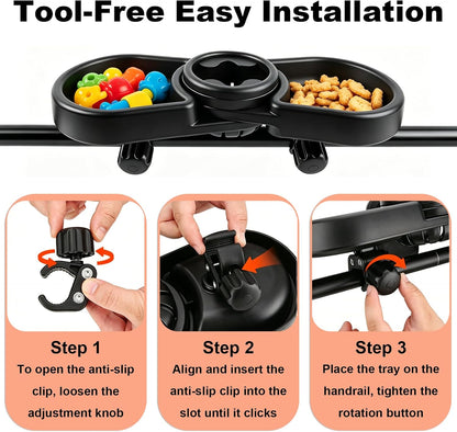 Universal Stroller Snack Tray Attachment | 3-in-1 Stroller Snack Tray with Deep Cup Holder | Compatible with Baby Jogger City Mini GT2 | BPA-Free Toddler Travel Accessories, Tool-Free Install