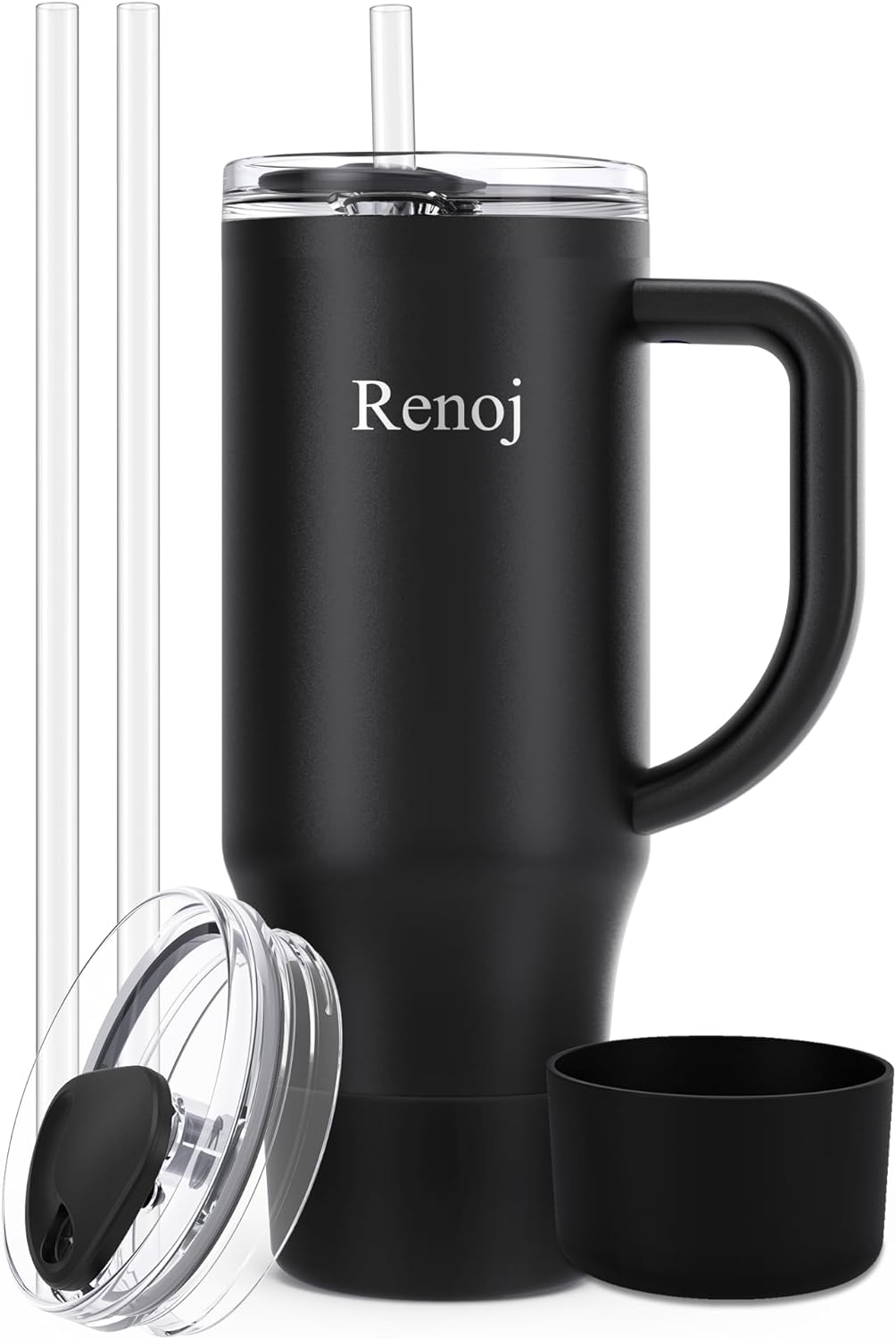 Renoj Insulated Mug 100% Leak Proof Insulated Water Bottle for Iced Coffee & Hot Drinks - Fits Car Cup Holder, Ideal Gift, 2 Straws & Silicone Boot - SnapShift Black 40 oz