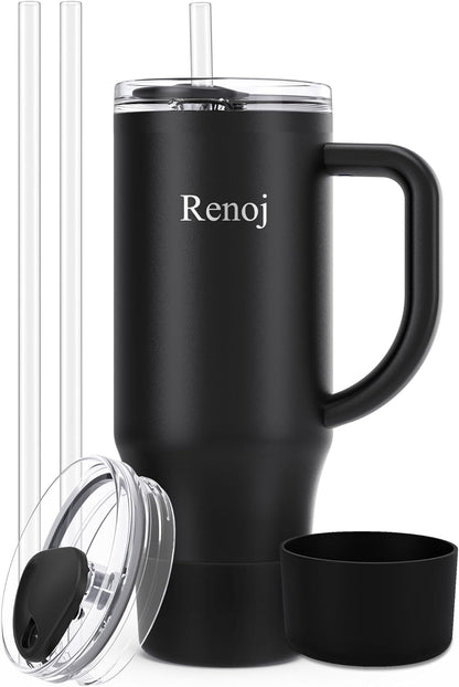 Renoj Insulated Mug 100% Leak Proof Insulated Water Bottle for Iced Coffee & Hot Drinks - Fits Car Cup Holder, Ideal Gift, 2 Straws & Silicone Boot - SnapShift Black 40 oz