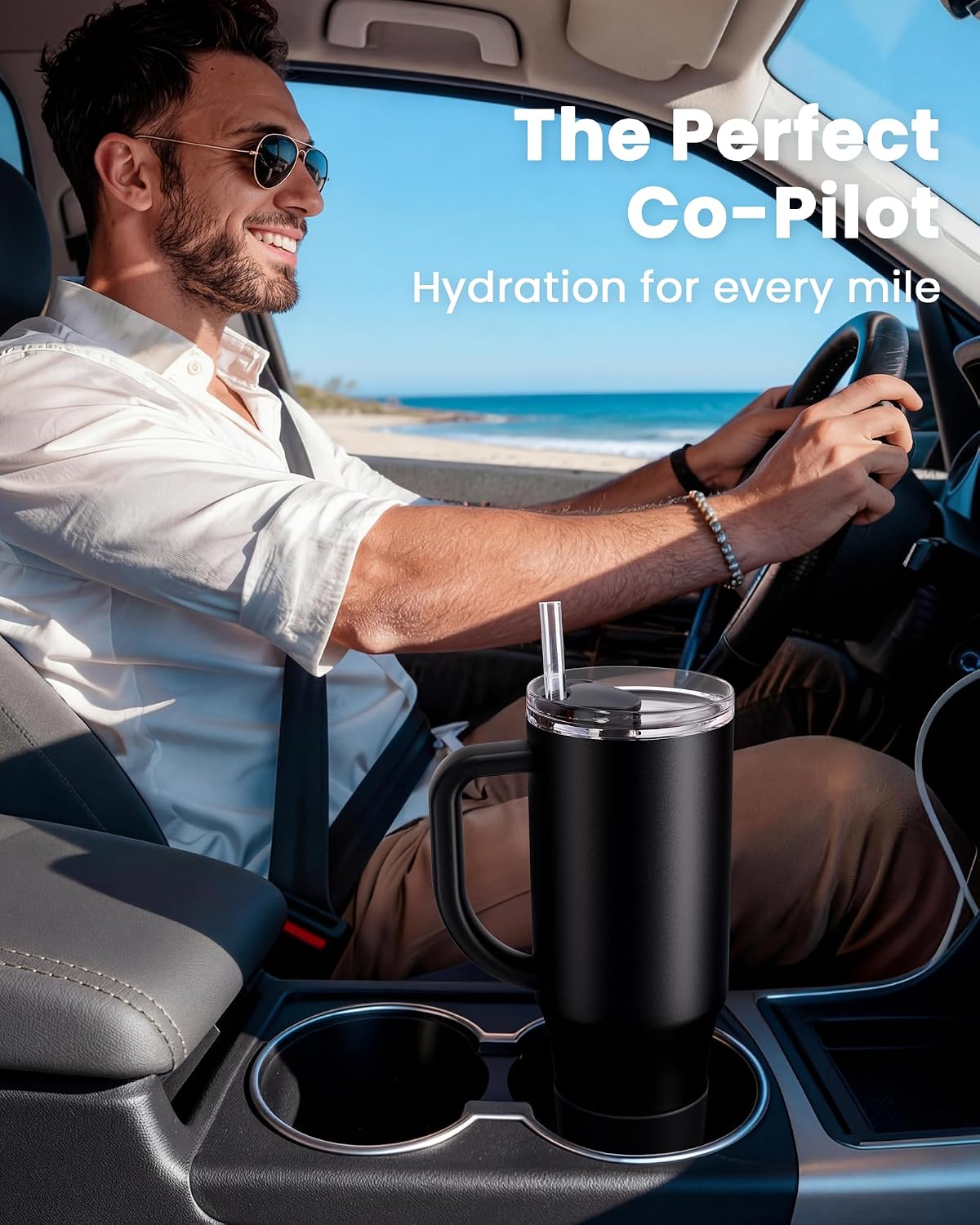 Renoj Insulated Mug 100% Leak Proof Insulated Water Bottle for Iced Coffee & Hot Drinks - Fits Car Cup Holder, Ideal Gift, 2 Straws & Silicone Boot - SnapShift Black 40 oz