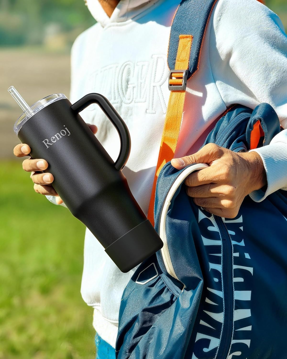 Renoj Insulated Mug 100% Leak Proof Insulated Water Bottle for Iced Coffee & Hot Drinks - Fits Car Cup Holder, Ideal Gift, 2 Straws & Silicone Boot - SnapShift Black 40 oz