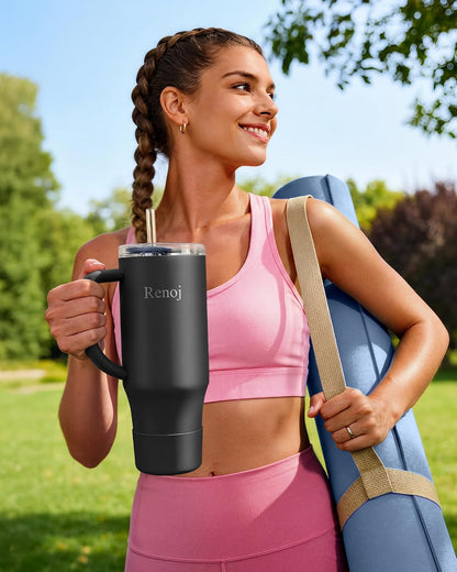 Renoj Insulated Mug 100% Leak Proof Insulated Water Bottle for Iced Coffee & Hot Drinks - Fits Car Cup Holder, Ideal Gift, 2 Straws & Silicone Boot - SnapShift Black 40 oz