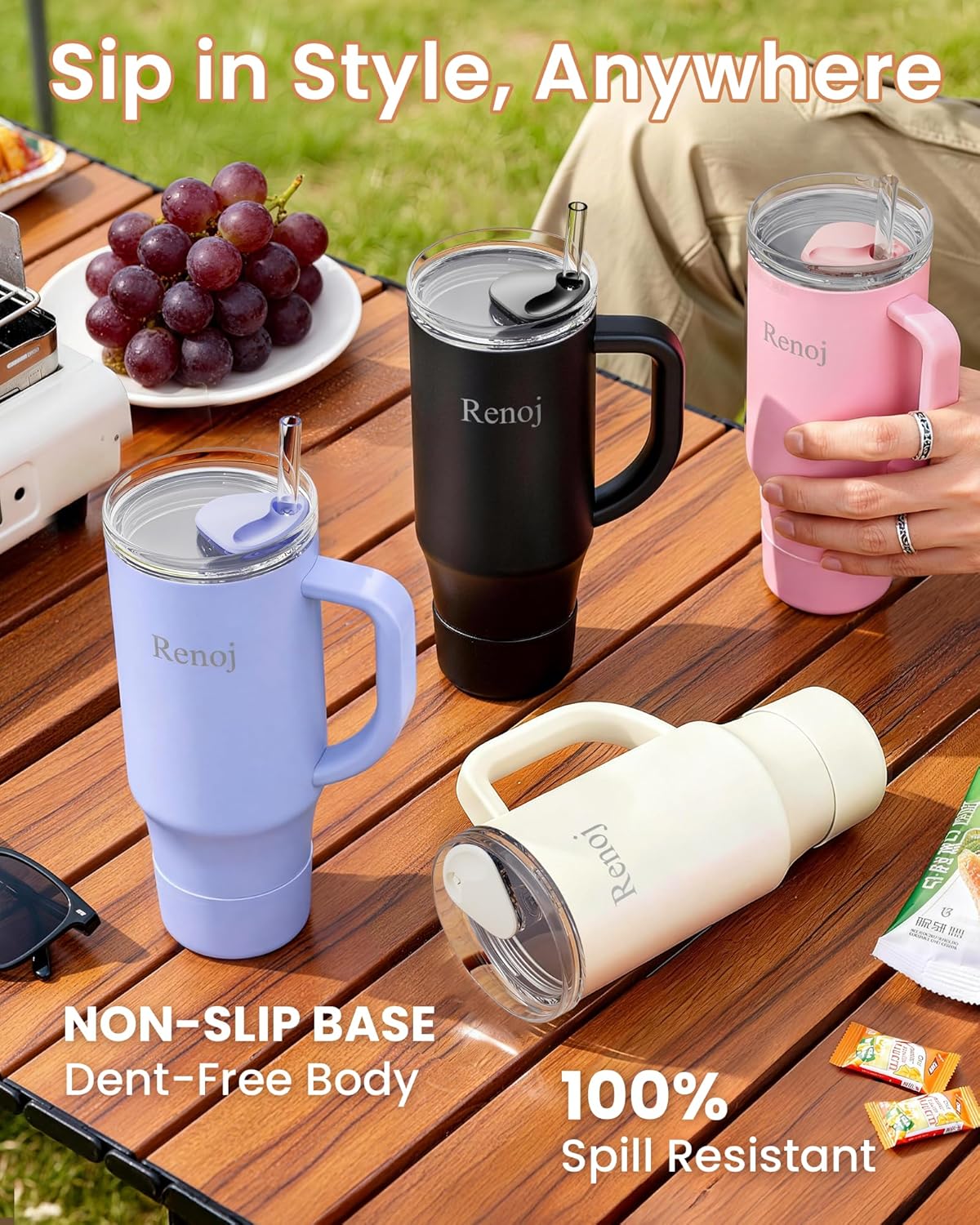Renoj Insulated Mug 100% Leak Proof Insulated Water Bottle for Iced Coffee & Hot Drinks - Fits Car Cup Holder, Ideal Gift, 2 Straws & Silicone Boot - SnapShift Black 40 oz