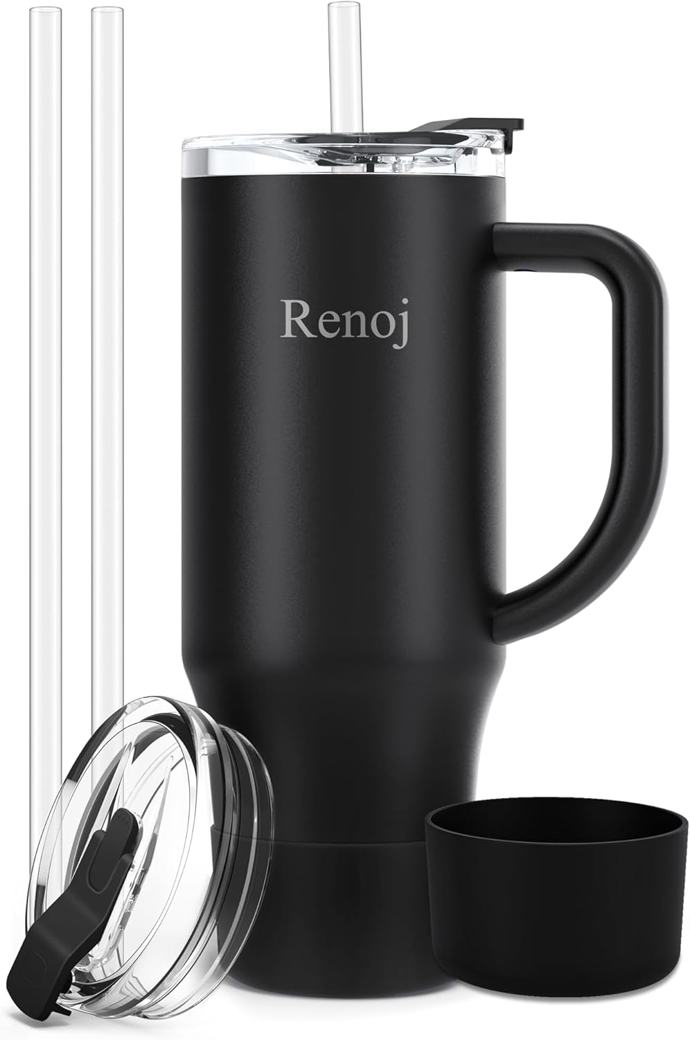 Renoj Insulated Mug 100% Leak Proof Insulated Water Bottle for Iced Coffee & Hot Drinks - Fits Car Cup Holder, Ideal Gift, 2 Straws & Silicone Boot - SnapShift Black 40 oz