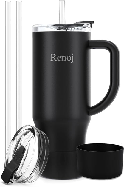 Renoj Insulated Mug 100% Leak Proof Insulated Water Bottle for Iced Coffee & Hot Drinks - Fits Car Cup Holder, Ideal Gift, 2 Straws & Silicone Boot - SnapShift Black 40 oz