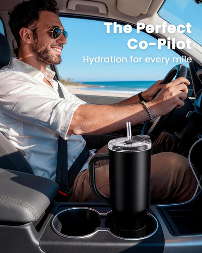 Renoj Insulated Mug 100% Leak Proof Insulated Water Bottle for Iced Coffee & Hot Drinks - Fits Car Cup Holder, Ideal Gift, 2 Straws & Silicone Boot - SnapShift Black 40 oz