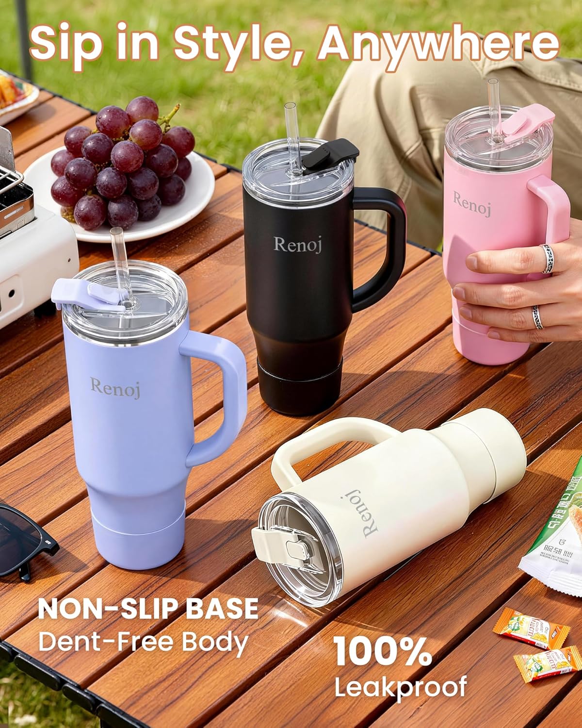 Renoj Insulated Mug 100% Leak Proof Insulated Water Bottle for Iced Coffee & Hot Drinks - Fits Car Cup Holder, Ideal Gift, 2 Straws & Silicone Boot - SnapShift Black 40 oz