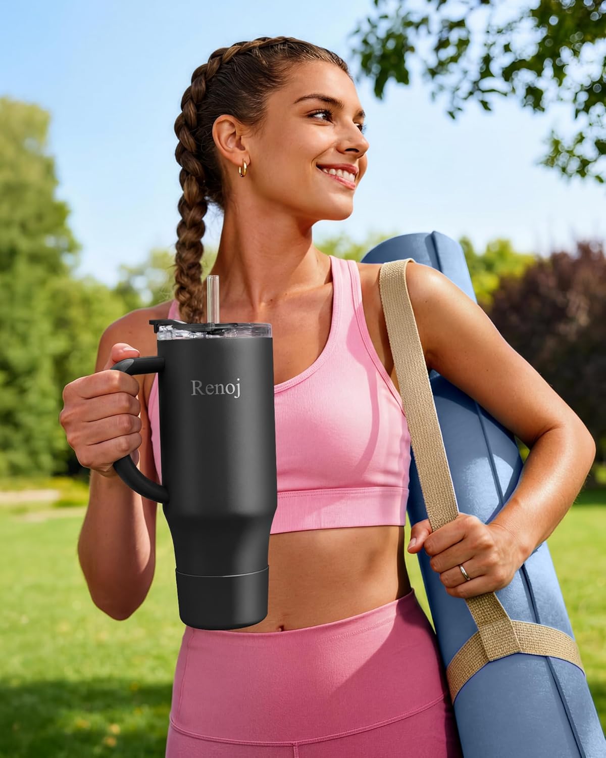 Renoj Insulated Mug 100% Leak Proof Insulated Water Bottle for Iced Coffee & Hot Drinks - Fits Car Cup Holder, Ideal Gift, 2 Straws & Silicone Boot - SnapShift Black 40 oz