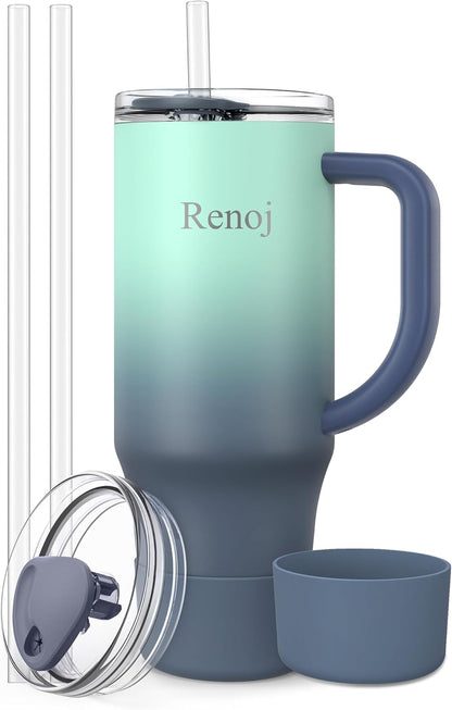 Renoj Insulated Mug 100% Leak Proof Insulated Water Bottle for Iced Coffee & Hot Drinks - Fits Car Cup Holder, Ideal Gift, 2 Straws & Silicone Boot - SnapShift Black 40 oz