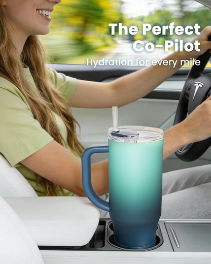 Renoj Insulated Mug 100% Leak Proof Insulated Water Bottle for Iced Coffee & Hot Drinks - Fits Car Cup Holder, Ideal Gift, 2 Straws & Silicone Boot - SnapShift Black 40 oz