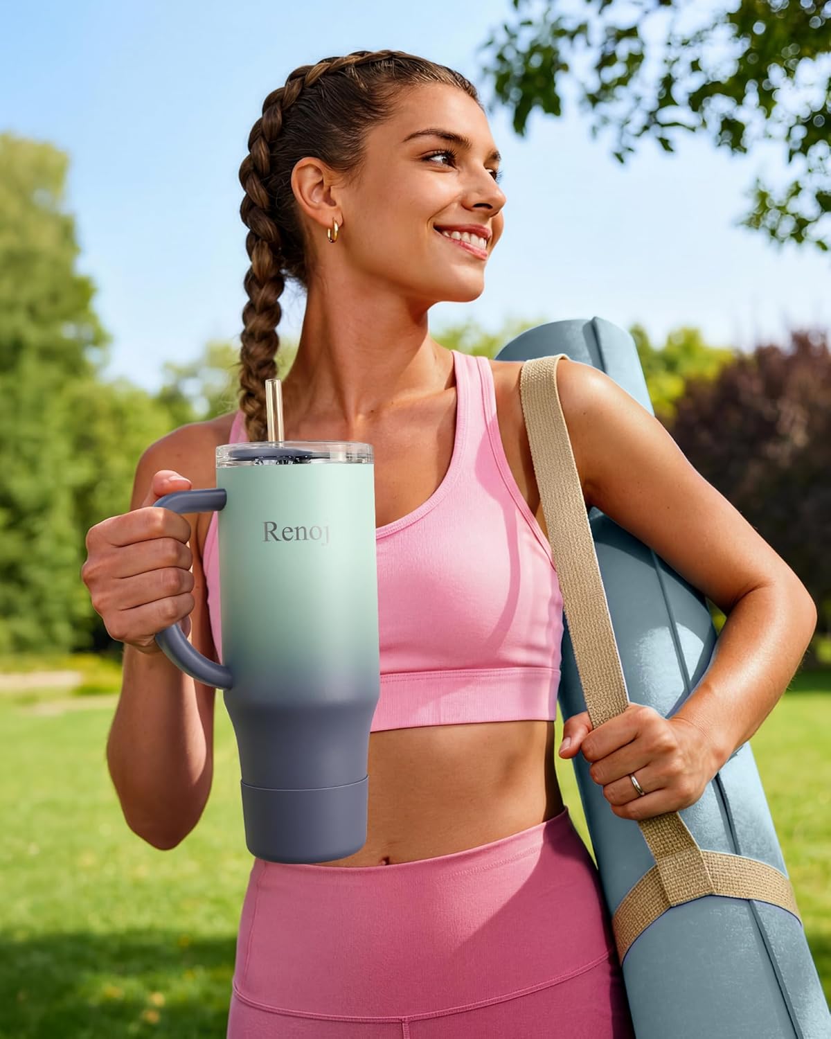 Renoj Insulated Mug 100% Leak Proof Insulated Water Bottle for Iced Coffee & Hot Drinks - Fits Car Cup Holder, Ideal Gift, 2 Straws & Silicone Boot - SnapShift Black 40 oz