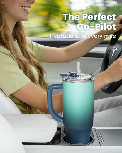 Renoj Insulated Mug 100% Leak Proof Insulated Water Bottle for Iced Coffee & Hot Drinks - Fits Car Cup Holder, Ideal Gift, 2 Straws & Silicone Boot - SnapShift Black 40 oz