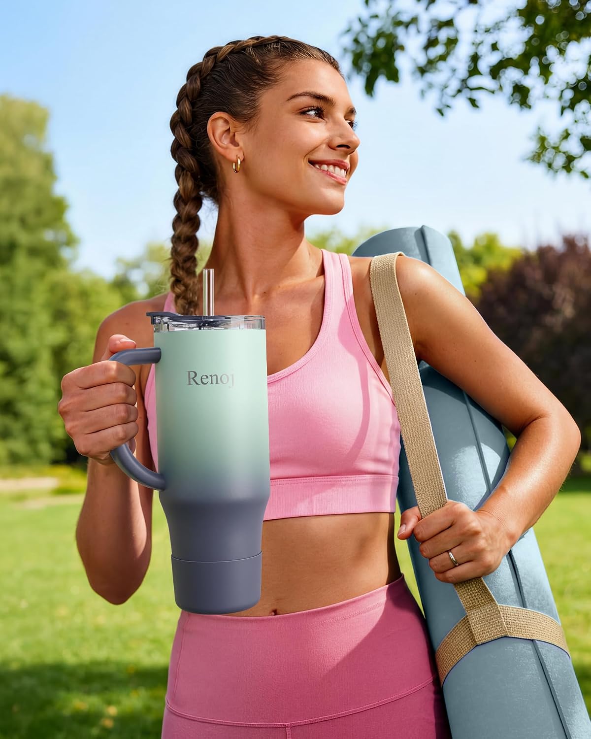 Renoj Insulated Mug 100% Leak Proof Insulated Water Bottle for Iced Coffee & Hot Drinks - Fits Car Cup Holder, Ideal Gift, 2 Straws & Silicone Boot - SnapShift Black 40 oz