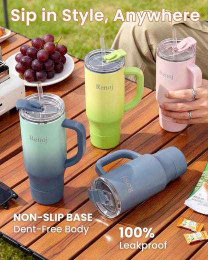 Renoj Insulated Mug 100% Leak Proof Insulated Water Bottle for Iced Coffee & Hot Drinks - Fits Car Cup Holder, Ideal Gift, 2 Straws & Silicone Boot - SnapShift Black 40 oz