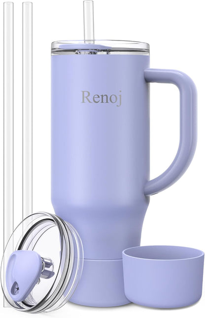 Renoj Insulated Mug 100% Leak Proof Insulated Water Bottle for Iced Coffee & Hot Drinks - Fits Car Cup Holder, Ideal Gift, 2 Straws & Silicone Boot - SnapShift Black 40 oz