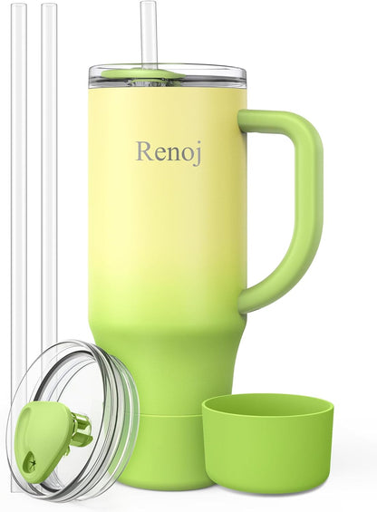 Renoj Insulated Mug 100% Leak Proof Insulated Water Bottle for Iced Coffee & Hot Drinks - Fits Car Cup Holder, Ideal Gift, 2 Straws & Silicone Boot - SnapShift Black 40 oz