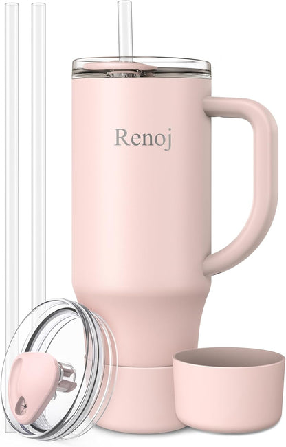 Renoj Insulated Mug 100% Leak Proof Insulated Water Bottle for Iced Coffee & Hot Drinks - Fits Car Cup Holder, Ideal Gift, 2 Straws & Silicone Boot - SnapShift Black 40 oz