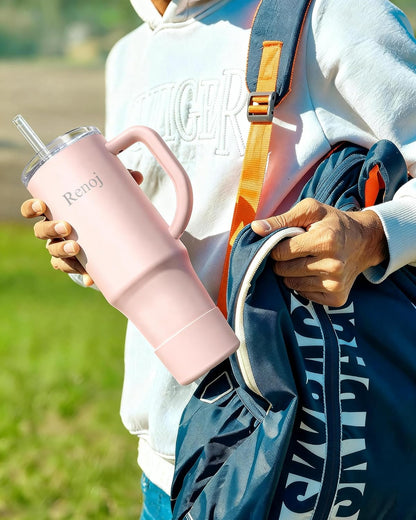 Renoj Insulated Mug 100% Leak Proof Insulated Water Bottle for Iced Coffee & Hot Drinks - Fits Car Cup Holder, Ideal Gift, 2 Straws & Silicone Boot - SnapShift Black 40 oz