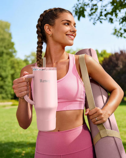Renoj Insulated Mug 100% Leak Proof Insulated Water Bottle for Iced Coffee & Hot Drinks - Fits Car Cup Holder, Ideal Gift, 2 Straws & Silicone Boot - SnapShift Black 40 oz