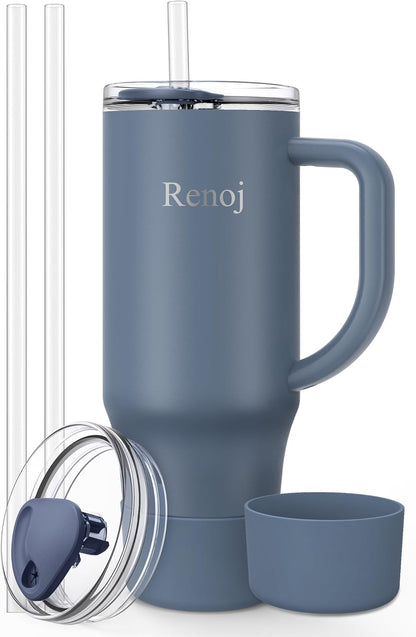 Renoj Insulated Mug 100% Leak Proof Insulated Water Bottle for Iced Coffee & Hot Drinks - Fits Car Cup Holder, Ideal Gift, 2 Straws & Silicone Boot - SnapShift Black 40 oz