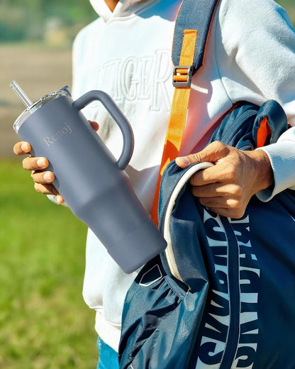 Renoj Insulated Mug 100% Leak Proof Insulated Water Bottle for Iced Coffee & Hot Drinks - Fits Car Cup Holder, Ideal Gift, 2 Straws & Silicone Boot - SnapShift Black 40 oz