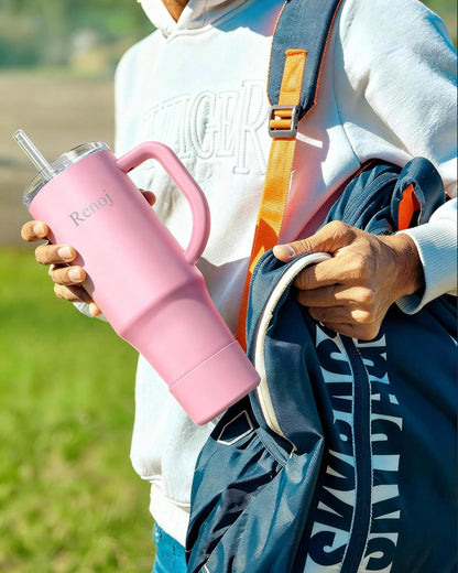 Renoj Insulated Mug 100% Leak Proof Insulated Water Bottle for Iced Coffee & Hot Drinks - Fits Car Cup Holder, Ideal Gift, 2 Straws & Silicone Boot - SnapShift Black 40 oz