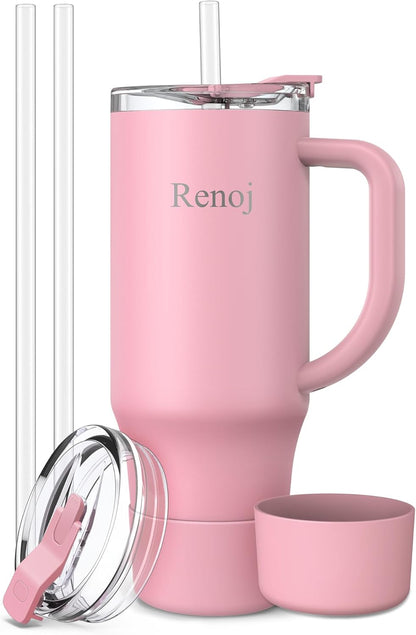 Renoj Insulated Mug 100% Leak Proof Insulated Water Bottle for Iced Coffee & Hot Drinks - Fits Car Cup Holder, Ideal Gift, 2 Straws & Silicone Boot - SnapShift Black 40 oz