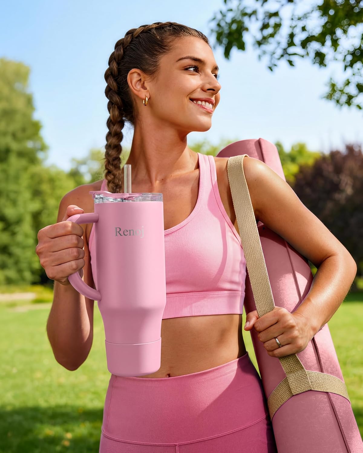 Renoj Insulated Mug 100% Leak Proof Insulated Water Bottle for Iced Coffee & Hot Drinks - Fits Car Cup Holder, Ideal Gift, 2 Straws & Silicone Boot - SnapShift Black 40 oz