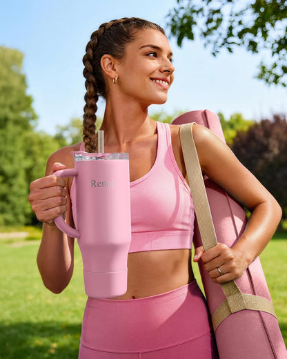Renoj Insulated Mug 100% Leak Proof Insulated Water Bottle for Iced Coffee & Hot Drinks - Fits Car Cup Holder, Ideal Gift, 2 Straws & Silicone Boot - SnapShift Black 40 oz