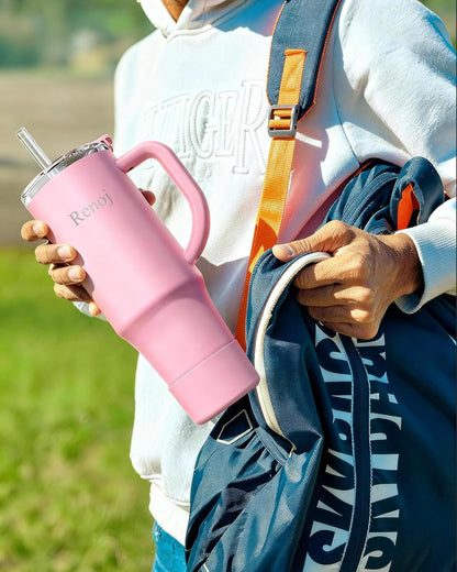Renoj Insulated Mug 100% Leak Proof Insulated Water Bottle for Iced Coffee & Hot Drinks - Fits Car Cup Holder, Ideal Gift, 2 Straws & Silicone Boot - SnapShift Black 40 oz