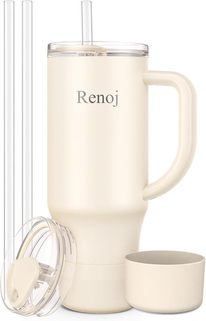 Renoj Insulated Mug 100% Leak Proof Insulated Water Bottle for Iced Coffee & Hot Drinks - Fits Car Cup Holder, Ideal Gift, 2 Straws & Silicone Boot - SnapShift Black 40 oz