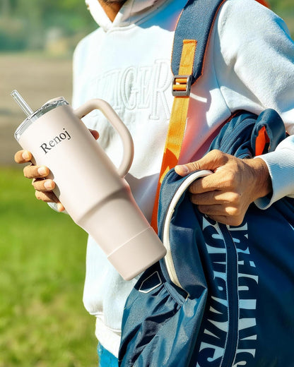 Renoj Insulated Mug 100% Leak Proof Insulated Water Bottle for Iced Coffee & Hot Drinks - Fits Car Cup Holder, Ideal Gift, 2 Straws & Silicone Boot - SnapShift Black 40 oz