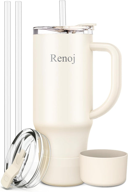 Renoj Insulated Mug 100% Leak Proof Insulated Water Bottle for Iced Coffee & Hot Drinks - Fits Car Cup Holder, Ideal Gift, 2 Straws & Silicone Boot - SnapShift Black 40 oz