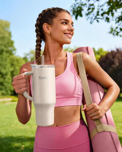 Renoj Insulated Mug 100% Leak Proof Insulated Water Bottle for Iced Coffee & Hot Drinks - Fits Car Cup Holder, Ideal Gift, 2 Straws & Silicone Boot - SnapShift Black 40 oz