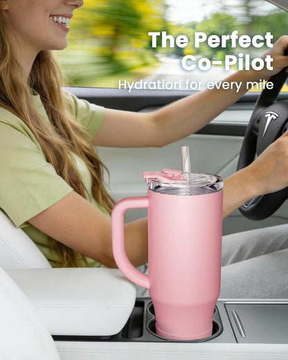 Renoj Insulated Mug 100% Leak Proof Insulated Water Bottle for Iced Coffee & Hot Drinks - Fits Car Cup Holder, Ideal Gift, 2 Straws & Silicone Boot - SnapShift Black 40 oz