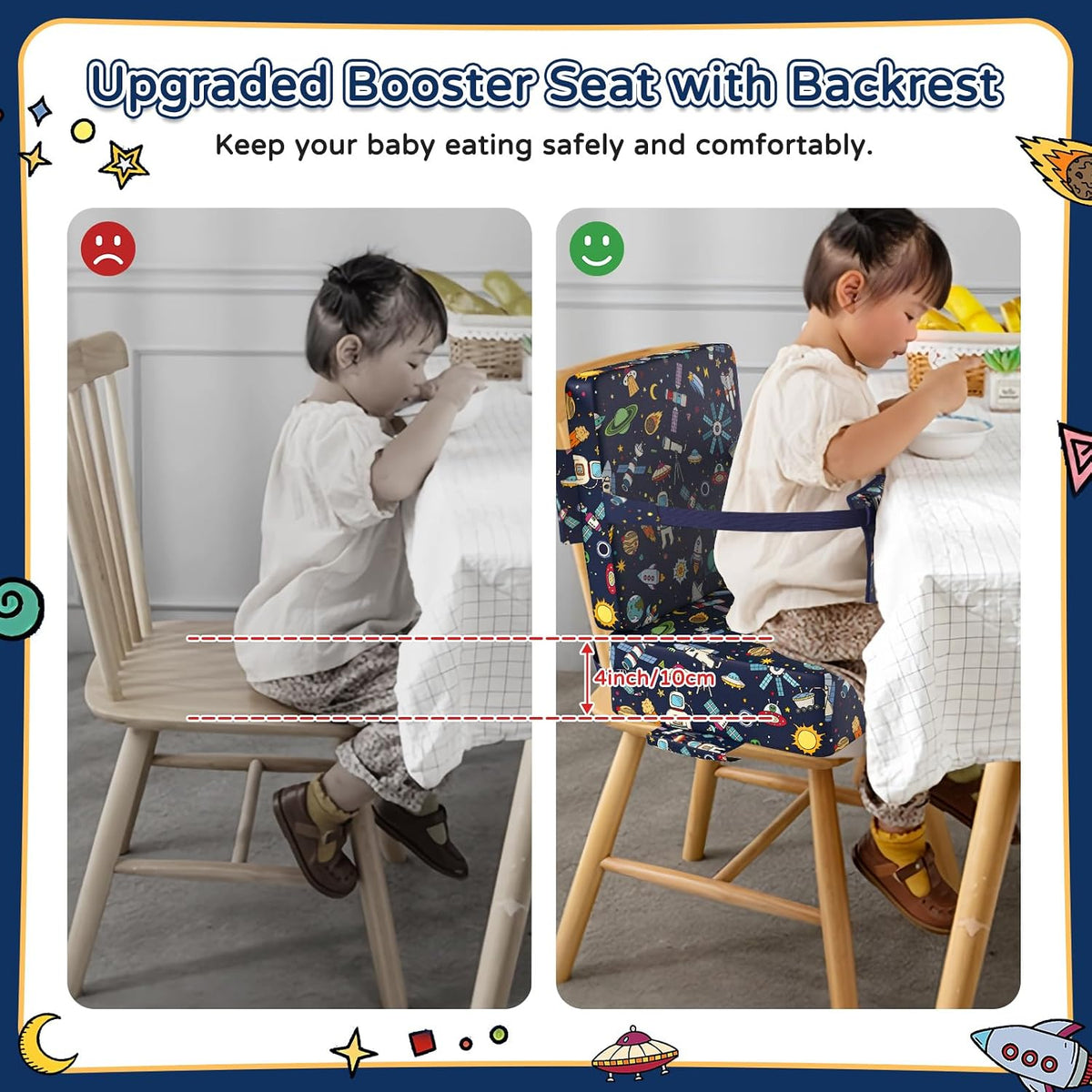 Booster Seat for Kitchen Chair with Backrest, Removable, TPU Waterproof