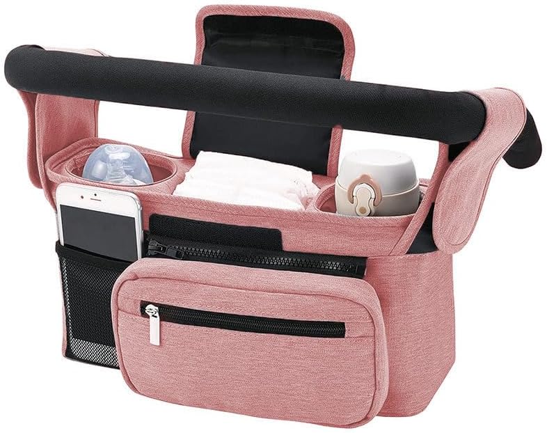Universal Organiser with Insulated Cup Holder - Practical Buggy Carry Bag with Zip Pocket, Shoulder Strap and Storage Space for Smartphone, Bottle and Accessories (Pink)
