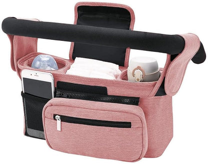 Universal Organiser with Insulated Cup Holder - Practical Buggy Carry Bag with Zip Pocket, Shoulder Strap and Storage Space for Smartphone, Bottle and Accessories (Pink)
