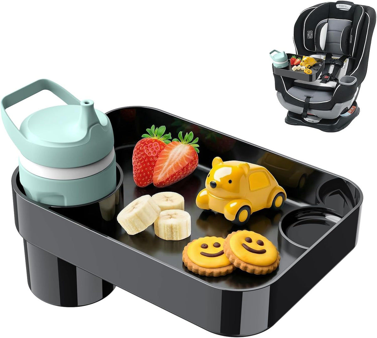Car Seat Tray for Kids Toddlers Travel with 3-Inch Cup Holder & Dip Well