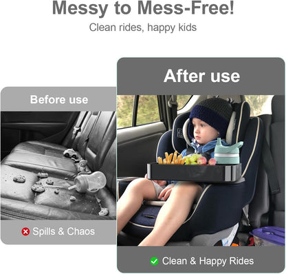 Car Seat Tray for Kids Toddlers Travel with 3-Inch Cup Holder & Dip Well