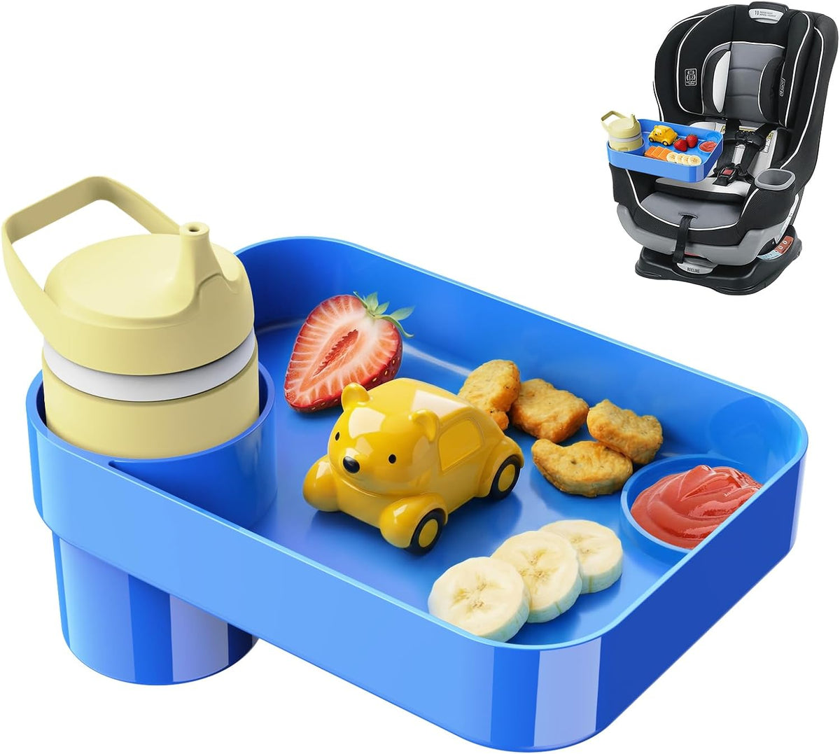 Car Seat Tray for Kids Toddlers Travel with 3-Inch Cup Holder & Dip Well
