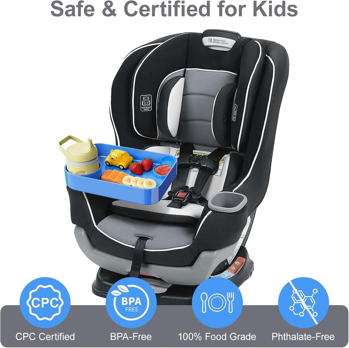 Car Seat Tray for Kids Toddlers Travel with 3-Inch Cup Holder & Dip Well