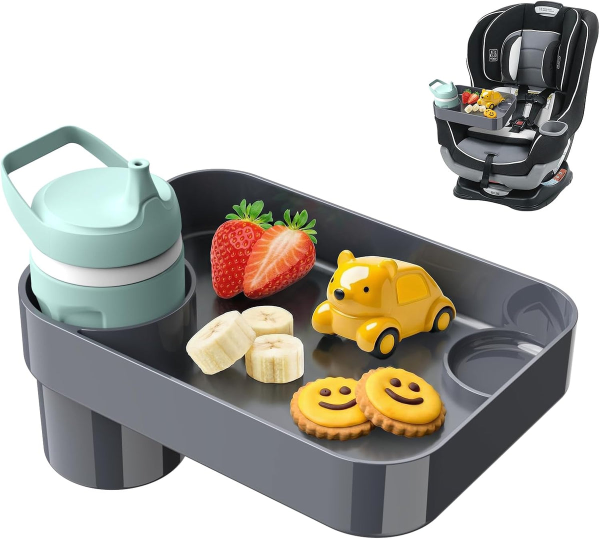 Car Seat Tray for Kids Toddlers Travel with 3-Inch Cup Holder & Dip Well