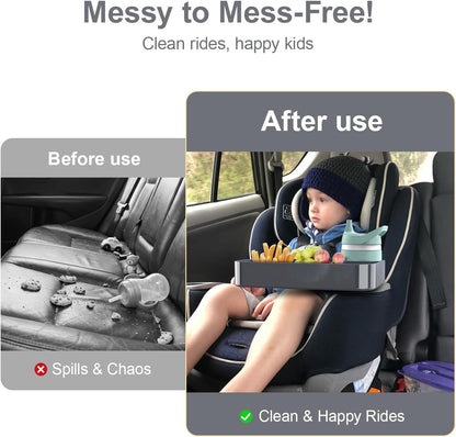 Car Seat Tray for Kids Toddlers Travel with 3-Inch Cup Holder & Dip Well