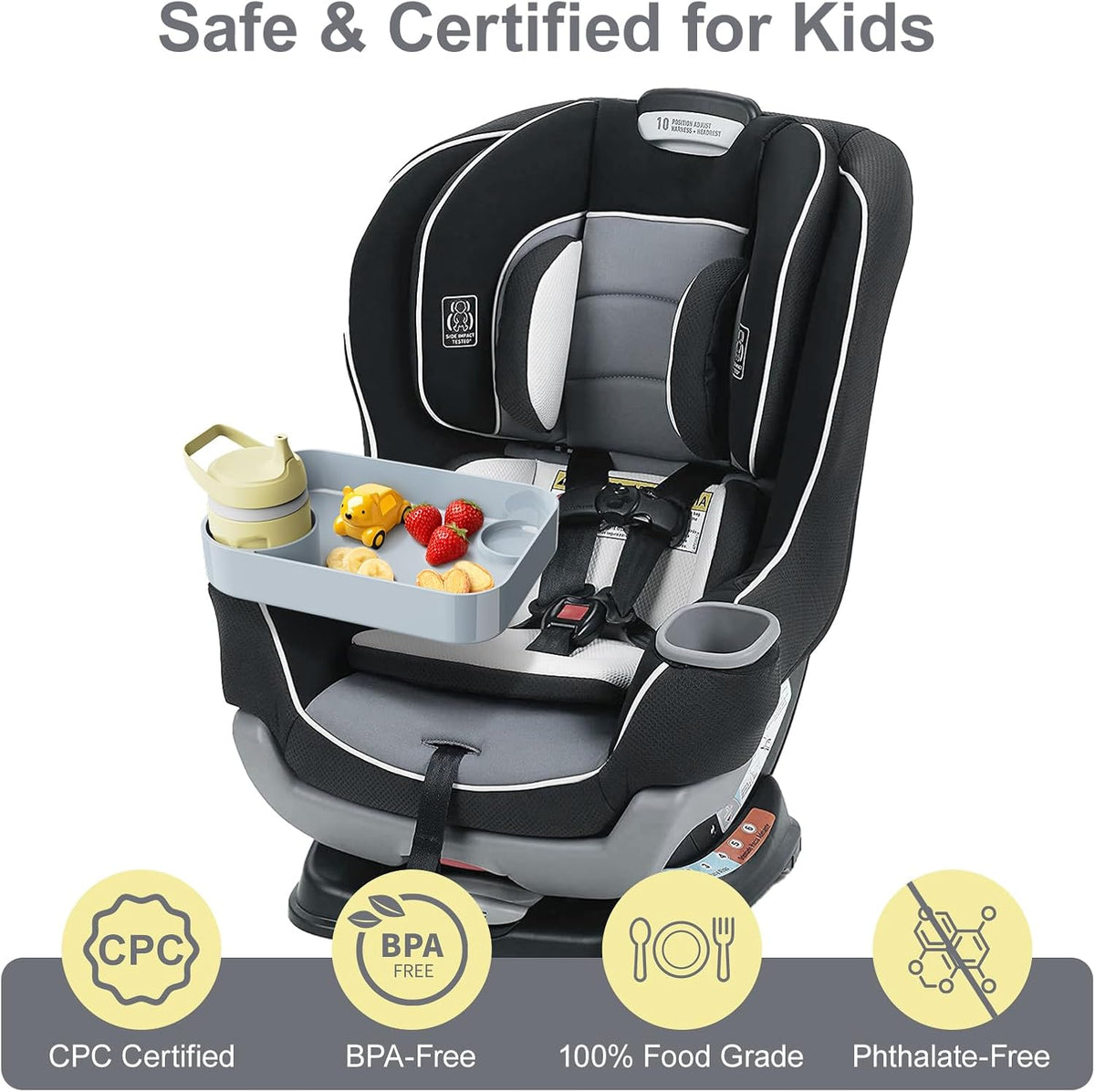 Car Seat Tray for Kids Toddlers Travel with 3-Inch Cup Holder & Dip Well