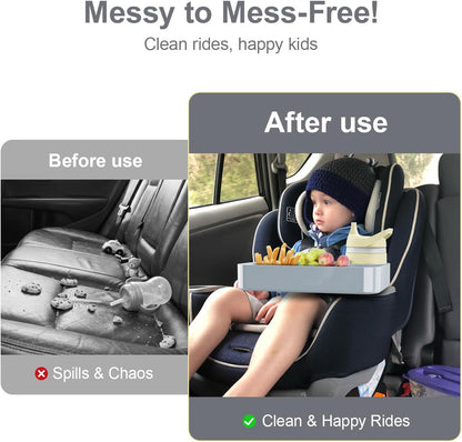 Car Seat Tray for Kids Toddlers Travel with 3-Inch Cup Holder & Dip Well