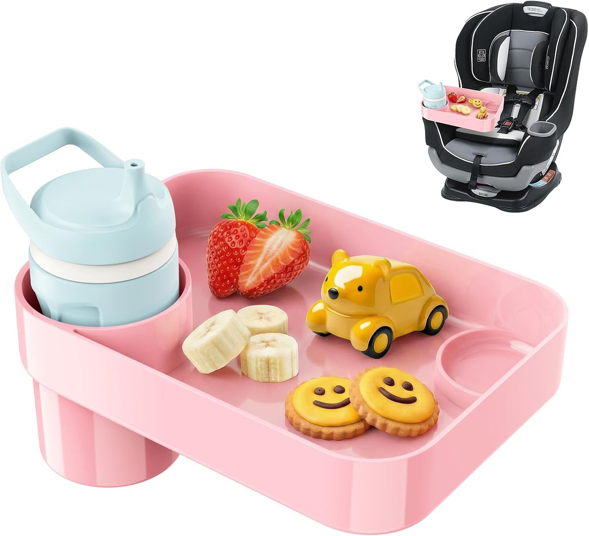Car Seat Tray for Kids Toddlers Travel with 3-Inch Cup Holder & Dip Well